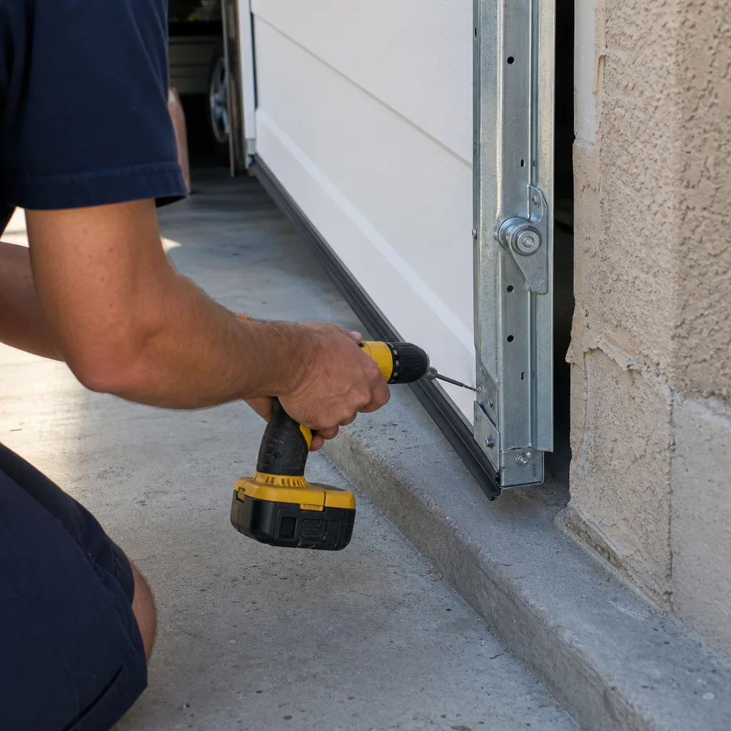 Technician using a power drill for professional garage door installation service