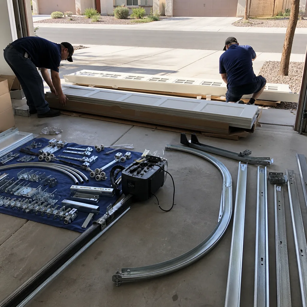 Two technicians preparing parts for a residential garage door installation project