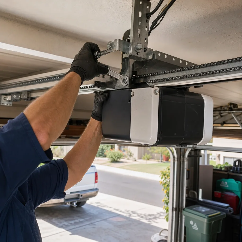 Technician performing professional garage door opener repair and installation services