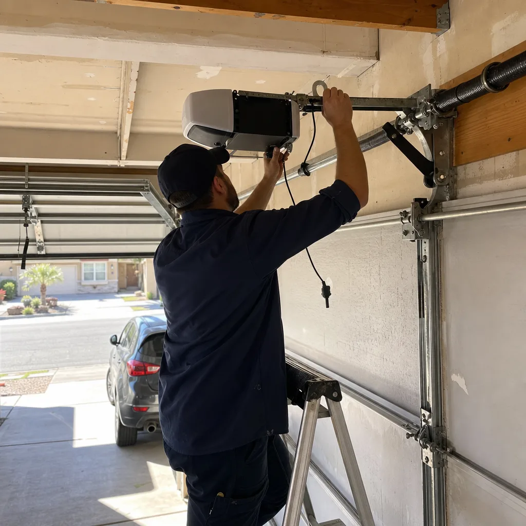 Professional technician performing garage door opener repair and installation.
