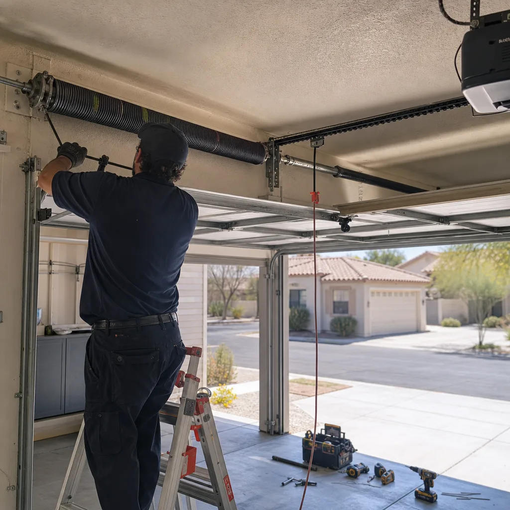 Technician performing professional garage door spring repair and maintenance