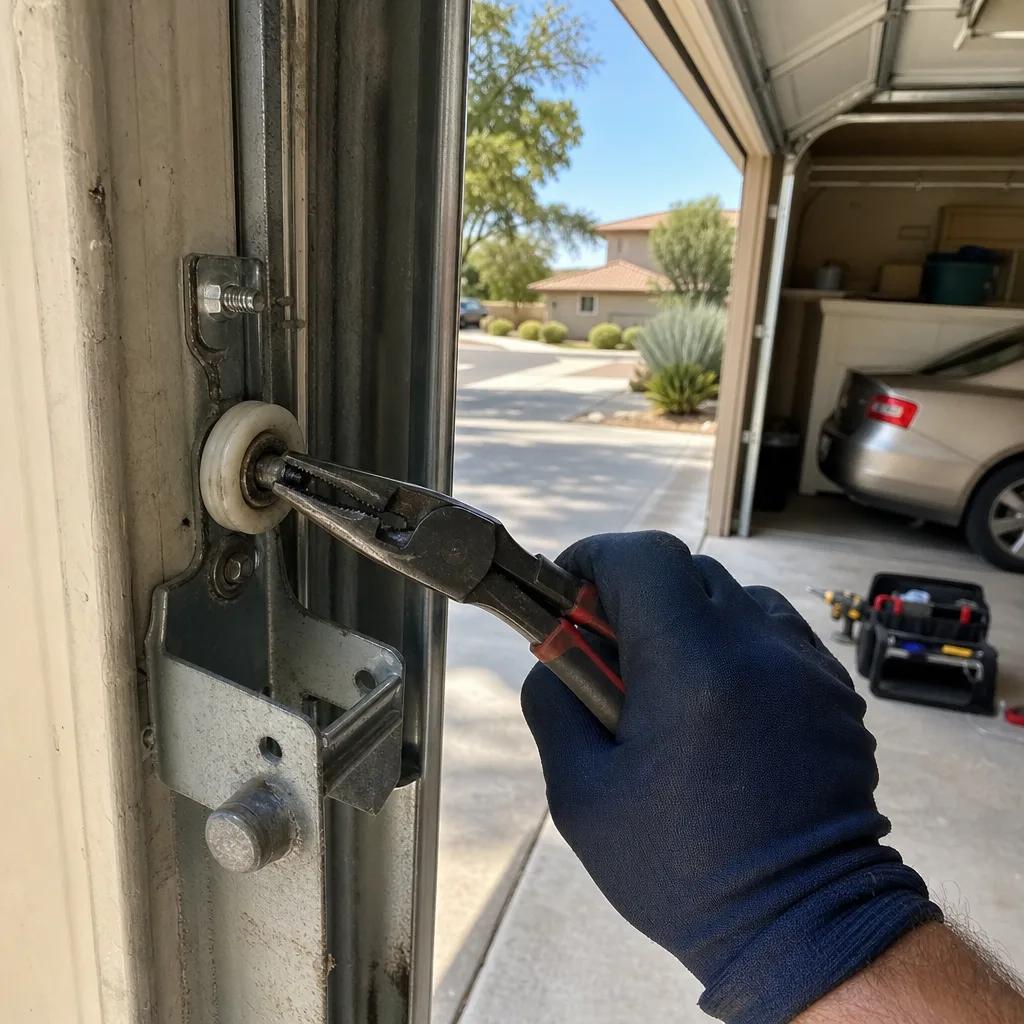 Professional repairing a garage door roller in a residential garage